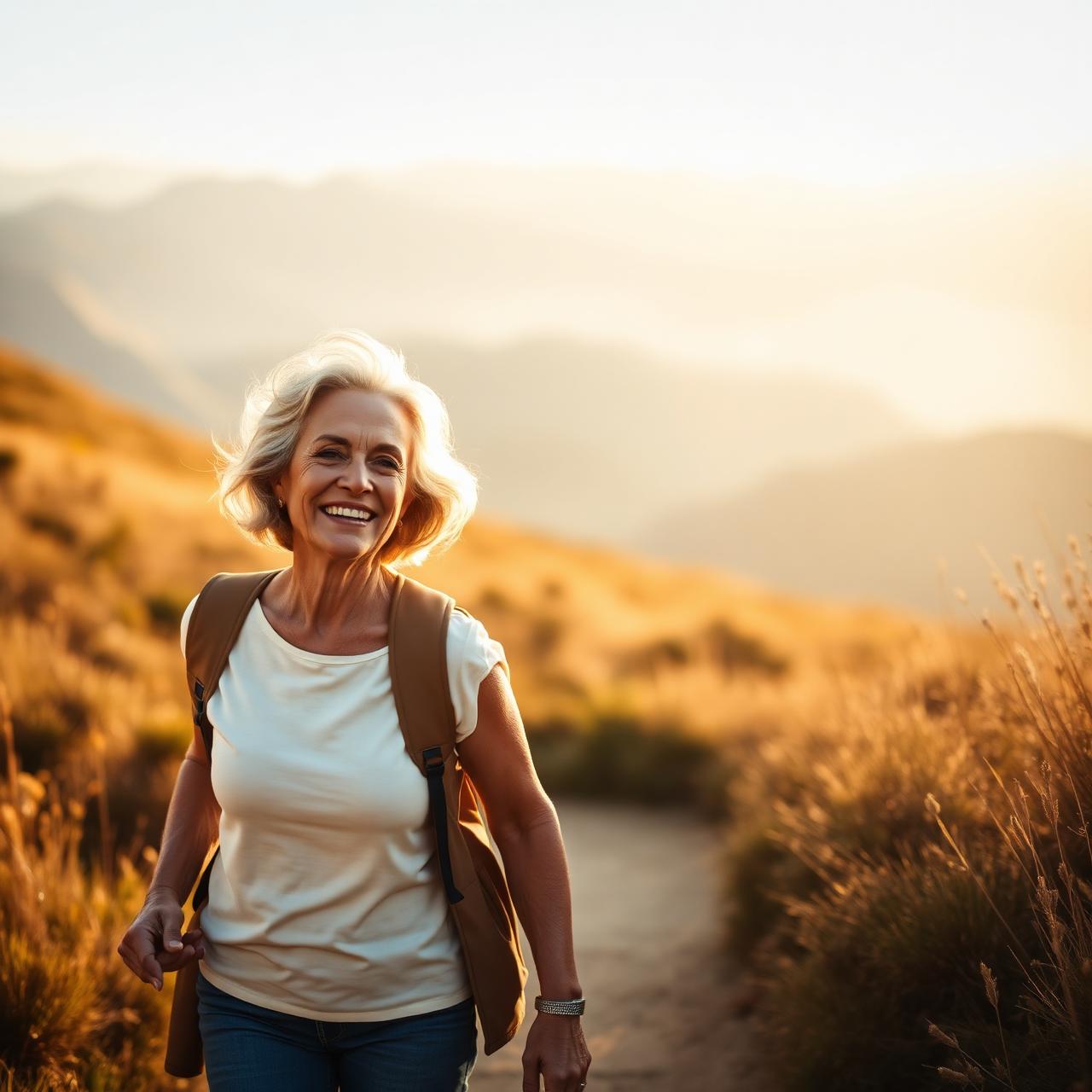 A confident hiker on a mountain trail at golden hour